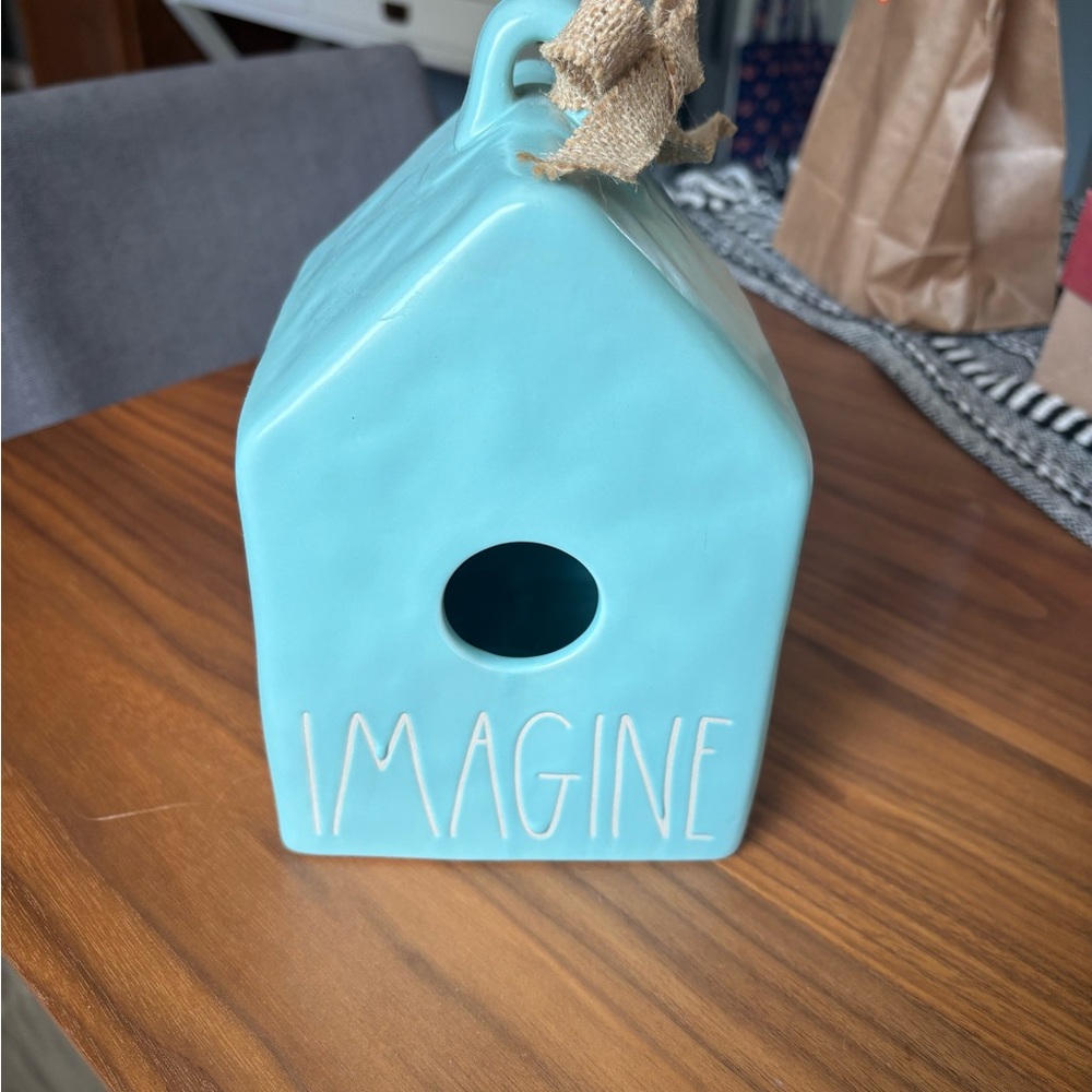 Rae Dunn Aqua Ceramic Birdhouse with 'Imagine' Inscription